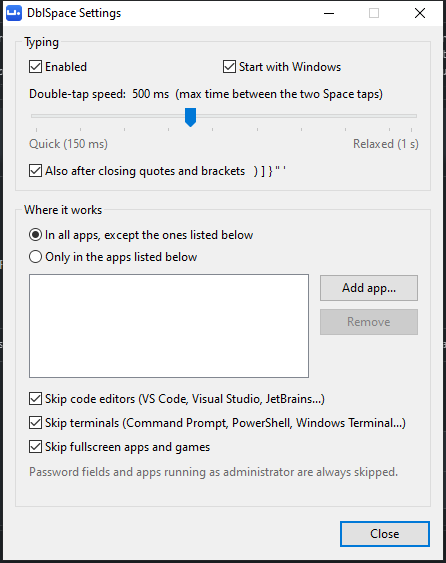 The DblSpace Settings window, with options for typing speed and the apps it works in